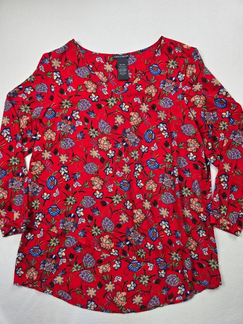 Chelsea & Theodore Red Floral Print Long Sleeve Blouse XXL Boho Womens Top